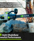 Powerful 60V 18-Inch Cordless Chainsaw With Dual 6.0Ah Batteries displayed on tree stump outdoors.