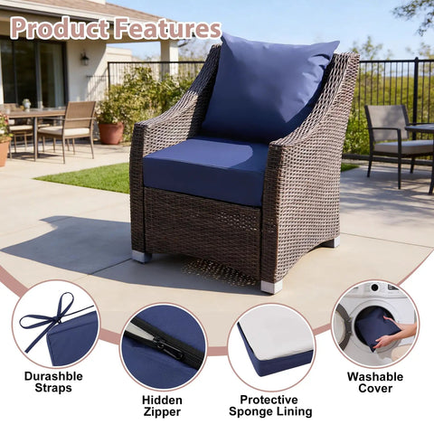 Outdoor deep seat cushion set 24 by 24 inch water resistant and fade resistant cushions with removable covers in navy blue on patio chair