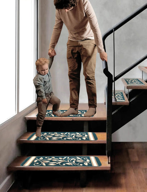 Anti Slip Stair Treads For Pets And Kids, Non Slip Stair Mats With Rubber Backing, Floral Turquoise Design, Durable Safe Grip, Easy Install, Pet Friendly Stair Grippers Set Of 15