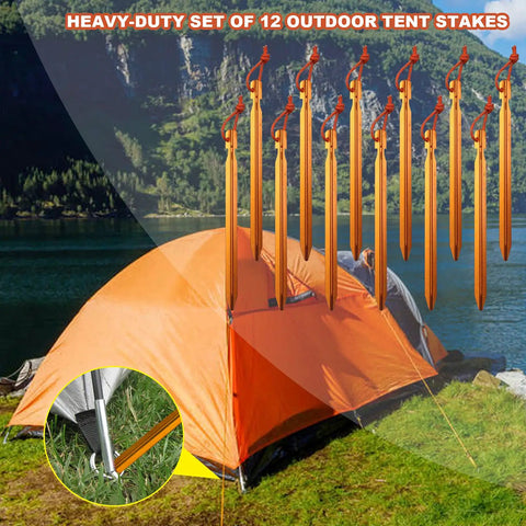12 Pack Tent Stakes Made From 7075 Aluminum, ultra lightweight, sturdy ground pegs displayed near an orange camping tent by a lake