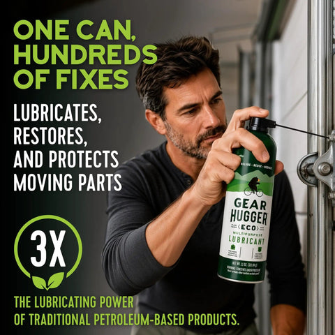 Man applying Eco Friendly Multipurpose Lubricant Spray 11 Oz for Garage Doors Hinges Tracks Treadmills and Bike Chains