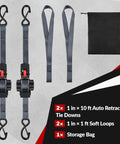 2 Pack Self Retracting Ratchet Tie Downs 1 Inch Wide 10 Feet Long With Auto Rewind 1200 Pound Break Strength shown with accessories