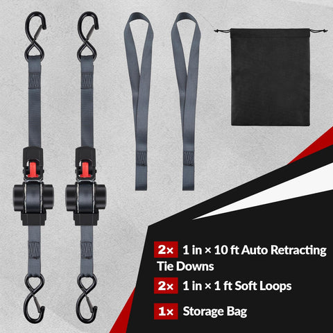 2 Pack Self Retracting Ratchet Tie Downs 1 Inch Wide 10 Feet Long With Auto Rewind 1200 Pound Break Strength shown with accessories