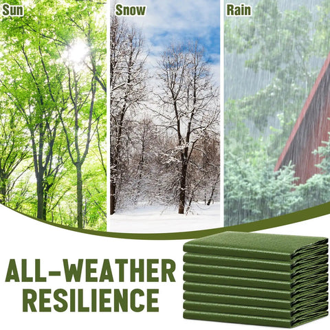 Three-panel image showing sun, snow, and rain, highlighting the 8 Pack Camping Tarps 6x8 Ft Waterproof 5.5 Mil Heavy Duty Ground Cover in army green.