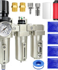 Heavy Duty Half Inch NPT Three Stage Air Drying System with Particulate Filter Coalescing Filter Desiccant Dryer and Air Regulator for Plasma Cutters and Paint Sprayers Auto Drain High Pressure Tolerance 0 to 240 PSI 141 CFM featuring gauge and filter components.