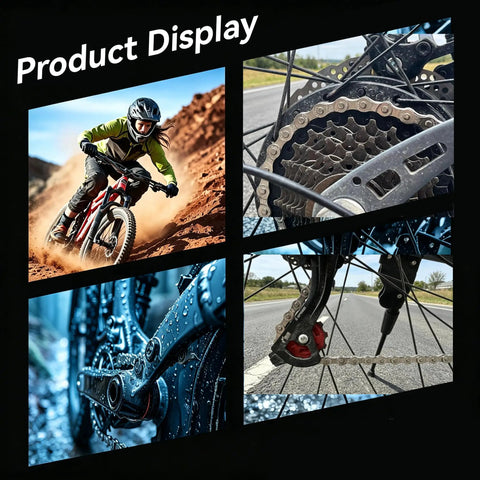 Heavy Duty E Bike Chain For 6 7 8 Speed 136 Links High Tensile Strength Anti Break Rust Proof Corrosion Resistant Replacement Drive Chain For Electric Mountain Bikes And Mid Drive E Bikes displayed in various biking scenarios and angles.
