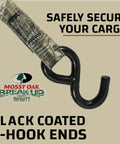 Mossy Oak Camo Ratchet Tie Down Straps One Inch Wide By Ten Feet Long Four Pack with black coated S-hook ends for secure cargo.