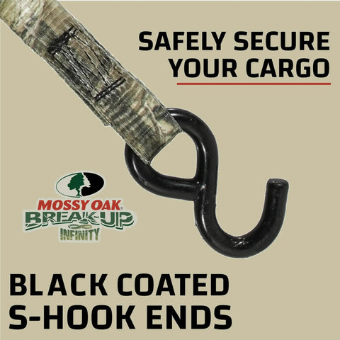 Mossy Oak Camo Ratchet Tie Down Straps One Inch Wide By Ten Feet Long Four Pack with black coated S-hook ends for secure cargo.
