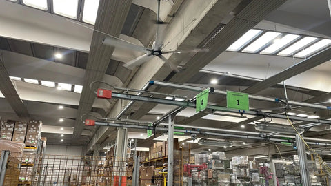Heavy Duty Ten Foot Wide Area Cooling Fan With Brushless Motor And Built In VFD Drive For Factory Breeze, overhead in warehouse.