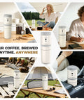 Collage of All In One Portable Coffee Maker with Built In Burr Grinder and Pour Over Filter for travel, car, camping, and home use