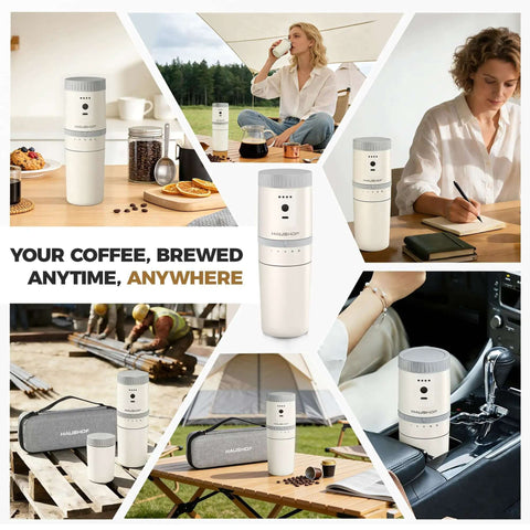 Collage of All In One Portable Coffee Maker with Built In Burr Grinder and Pour Over Filter for travel, car, camping, and home use