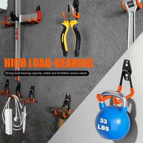 Heavy Duty Garage Storage Hooks 2 Pack Wall Mount Tool Organizer holding pliers, wrench, and a kettlebell on a grey wall
