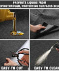 4 Pack 36 By 72 Inch Oil Spill Mats For Under Car And Garage Drips showing oil absorption, non-slip backing, cutting, and cleaning features