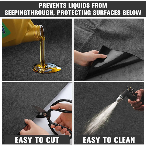 4 Pack 36 By 72 Inch Oil Spill Mats For Under Car And Garage Drips showing oil absorption, non-slip backing, cutting, and cleaning features