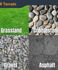 Image showing grassland, cobblestone, gravel, and asphalt surfaces labeled for all terrain use with 8-Inch Heavy Duty Caster Wheels Set Of 4 With Dual Locking Brakes Non-Pneumatic Polypropylene Tire All Terrain For Concrete And Wood Surfaces Ideal For Heavy Equipment, Cart, Dolly Or Toolbox Use In Workshops And Warehouses.