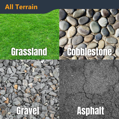 Image showing grassland, cobblestone, gravel, and asphalt surfaces labeled for all terrain use with 8-Inch Heavy Duty Caster Wheels Set Of 4 With Dual Locking Brakes Non-Pneumatic Polypropylene Tire All Terrain For Concrete And Wood Surfaces Ideal For Heavy Equipment, Cart, Dolly Or Toolbox Use In Workshops And Warehouses.