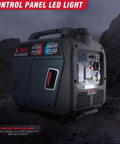 Dual Fuel Portable Inverter Generator with 4300 starting watts and 3450 running on gas, RV ready, shown with LED control panel light