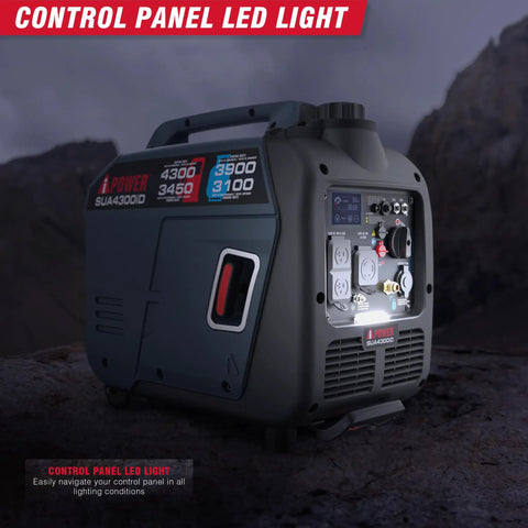 Dual Fuel Portable Inverter Generator with 4300 starting watts and 3450 running on gas, RV ready, shown with LED control panel light