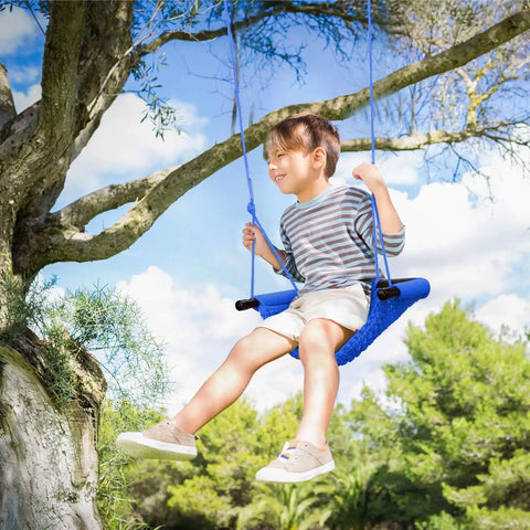 Child on blue Heavy Duty Kids Rope Swing Seat For Indoor And Outdoor Play With Secure Hooks And Straps 440 lb Capacity