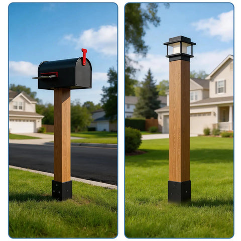 4x4 Fence Post Ground Spike Anchor Pack, Built Tough 16 Inch Metal Post Base with mailbox and lantern in residential setup