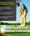 Golfer lining up a putt on a green with text about green reading skills; focus on Game Ready Golf Green Reader And Magnetic Ball Marker Pocket Putting Alignment Tool For Reading Break And Slope On Any Green Heavy Duty 75G Aluminum Build Delivers Stable Windproof Putts And Confident Readouts.