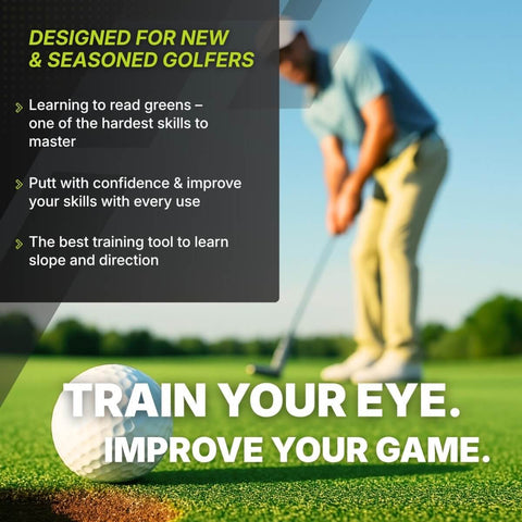 Golfer lining up a putt on a green with text about green reading skills; focus on Game Ready Golf Green Reader And Magnetic Ball Marker Pocket Putting Alignment Tool For Reading Break And Slope On Any Green Heavy Duty 75G Aluminum Build Delivers Stable Windproof Putts And Confident Readouts.