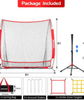 Package contents of 6x6ft Baseball And Softball Net For Hitting Pitching And Throwing Portable Batting Practice Net With Adjustable Strike Zone And Sturdy Bow Frame Includes Tee Great For Kids Red shown with dimensions and components.