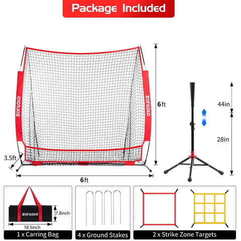 Package contents of 6x6ft Baseball And Softball Net For Hitting Pitching And Throwing Portable Batting Practice Net With Adjustable Strike Zone And Sturdy Bow Frame Includes Tee Great For Kids Red shown with dimensions and components.