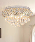 Crystal Chandelier 19.5 Inch 5 Light Vintage Ceiling Fixture With Drum Raindrop Shade In Chrome Finish For Living Room