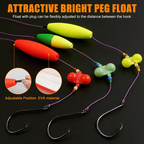 All In One Catfish Rig Making Kit Pro Grade Tackle Set 135 Pieces with bright peg floats, hooks, and beads for catfishing.