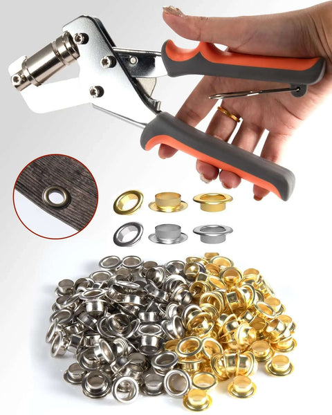 Pro Grade Grommet Kit With Hammer And Bag Includes 200 10mm And 300 6mm Grommets Two Hole Puncher And Eyelet Tool close-up image