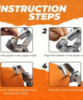 Instruction steps for Heavy Duty Grommet Tool Kit with eyelet pliers, showing mold placement and handle pressing for grommet setting.