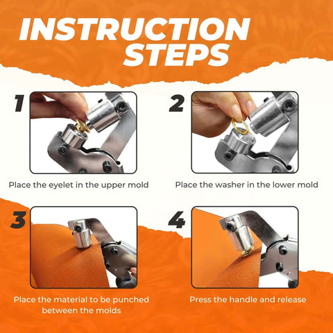 Instruction steps for Heavy Duty Grommet Tool Kit with eyelet pliers, showing mold placement and handle pressing for grommet setting.