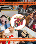 Must Have Pro Grade Electric Chainsaw Sharpener Kit With Titanium Diamond Stones and accessories displayed with gift boxes.