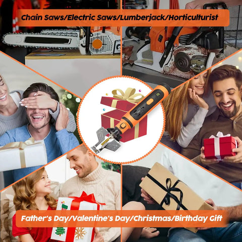 Must Have Pro Grade Electric Chainsaw Sharpener Kit With Titanium Diamond Stones and accessories displayed with gift boxes.