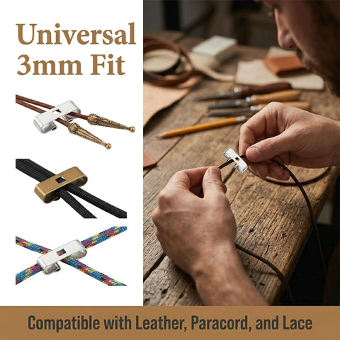 24 Piece Bolo Tie Clasp Kit With Rectangle Slide Clips For Jewelry Making Cord Slider Clasps And Accessories For DIY Western Bolo Tie Craft In Bronze And Platinum Finishes, showing compatibility with leather, paracord, and lace.