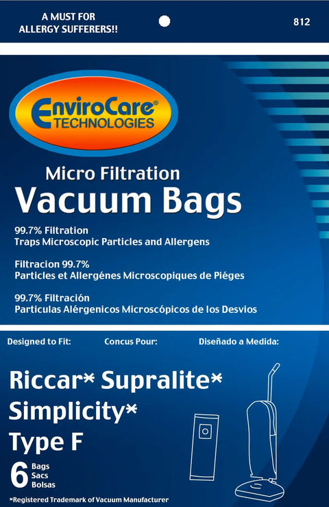 EnviroCare Replacement Micro Filtration Vacuum Dust Bags For Riccar SupraLite And Simplicity Type F Uprights 6 Pack packaging