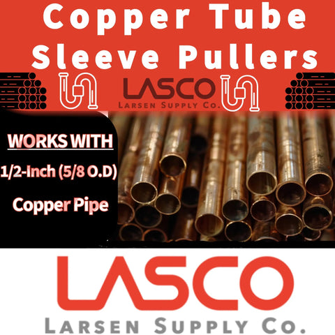 Copper pipe display, highlighting compatibility with compression sleeve puller tool for one half inch copper pipe, five eighth OD.