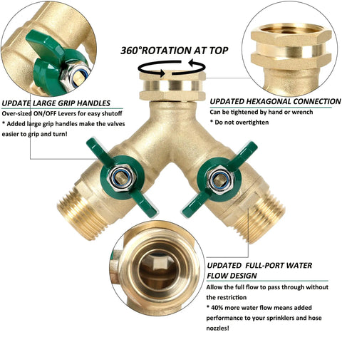 Brass Garden Hose Splitter With Full Port Valve For Maximum Flow Built To Last Two Way High Flow Y Connector All Metal Outdoor Faucet Splitter With Shutoff Durable Water Hose Adapter And Connector, brass two-way valve