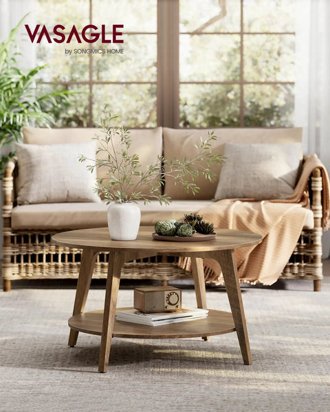Round Coffee Table With Storage, 2 Tier Center Table, Tapered Legs And Curved Transitions, 31.5 Inch Diameter, 17.7 Inch Height