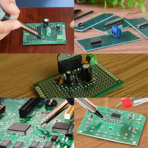 Collage of DIY soldering projects using the 32 Pieces PCB Board Set With Five Sizes Double Sided Prototyping Boards For DIY Electronics Projects