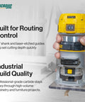 Top Notch Dovetail And Relief Router Bit Bundle Straight Up Delivers Cleaner Grooves Minimal Tear Out Plus Longer Tool Life Perfect For Custom Cabinet Making Fine Furniture Building Quarter Inch Shank Woodworkers Will Dig This Combo showing a router with 1/4" shank and laser-etched guides for routing control.
