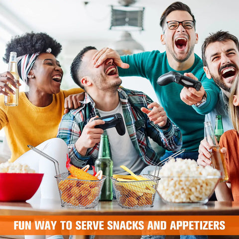 Group of friends with snacks in 12 Piece Mini Square Fry Basket Set For Home Kitchen Deep Fryer With Handles Chrome Plated Steel