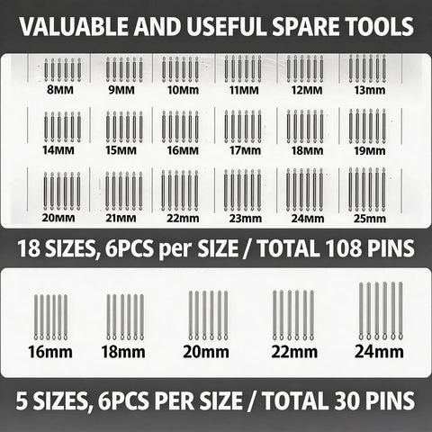 Valuable spare tools included in All In One Watch Repair Kit With Battery Replacement Tools, Link Removal Kit, Dust Blower.