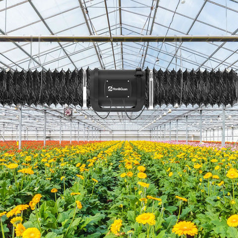 6 Inch Inline Duct Fan With Variable Speed EC Motor installed above flowers in greenhouse, Quiet 469 CFM Booster for Air Circulation