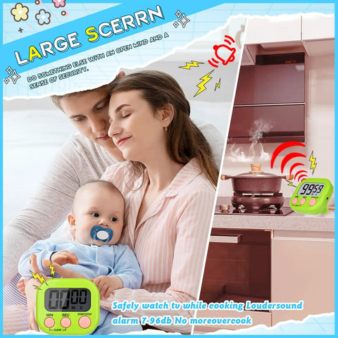 Digital Kitchen Timer Set With 12 Pack Magnetic Timers In 6 Bright Colors shown in use with family in kitchen