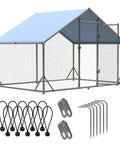 Spire Shaped Walk In Chicken Coop With Waterproof UV Cover, Heavy Duty Outdoor Metal Poultry Run For Backyard Farm shown with assembly parts