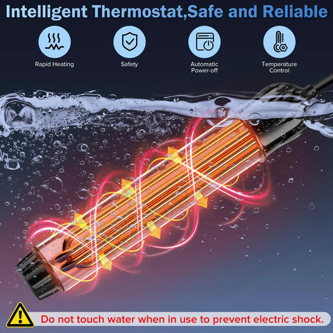 2000W Immersion Water Heater With Digital Thermometer in water, showing quick heat magnesium oxide element glowing.