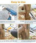 11 Gauge Chain Link Fence Twist Tie Tool Stainless Steel EZ Tool for Keyless Drills in use on a fence post with wire.
