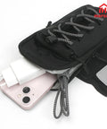 Ride Ready Front Battery Frame Cover Storage Bag For Electric Dirt Bikes And Ebikes Fits Surron, showing pockets open with phone and charger